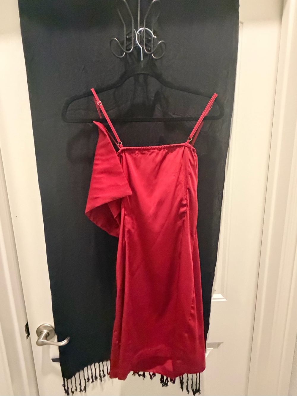 mittoshop Red One-Shoulder Satin Slip Dress with Draped Sleeve